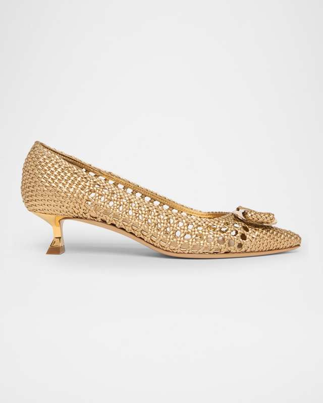 Zelma Metallic Woven Bow Kitten-Heel Pumps